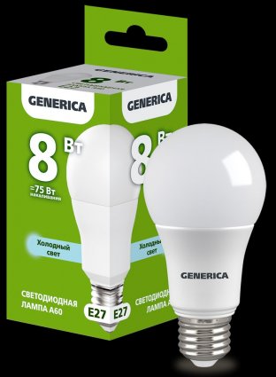 Фотография товара 'Generica LL-A60-08-230-65-E27-G Лампа LED A60 груша 8Вт 230В 6500К E27'