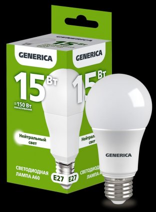 Фотография товара 'Generica LL-A60-15-230-40-E27-G Лампа LED A60 груша 15Вт 230В 4000К E27'