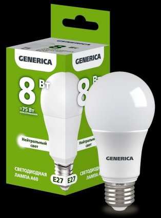 Фотография товара 'Generica LL-A60-08-230-40-E27-G Лампа LED A60 груша 8Вт 230В 4000К E27'