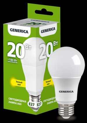 Фотография товара 'Generica LL-A60-20-230-30-E27-G Лампа LED A60 груша 20Вт 230В 3000К E27'