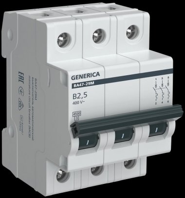 Фотография товара 'Generica MVA21-3-D25-B-G Авт. выкл. ВА47-29М 3P 2,5А 4,5кА B'