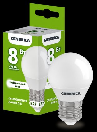 Фотография товара 'Generica LL-G45-08-230-40-E27-G Лампа LED G45 шар 8Вт 230В 4000К E27'