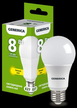 Фотография товара 'Generica LL-A60-08-230-30-E27-G Лампа LED A60 груша 8Вт 230В 3000К E27'