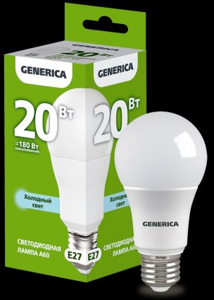Фотография товара 'Generica LL-A60-20-230-65-E27-G Лампа LED A60 груша 20Вт 230В 6500К E27'