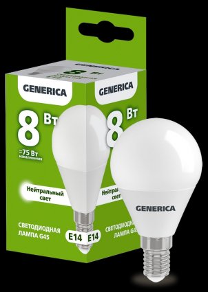 Фотография товара 'Generica LL-G45-08-230-40-E14-G Лампа LED G45 шар 8Вт 230В 4000К E14'