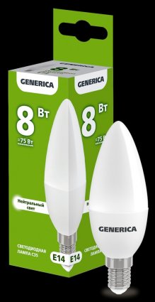 Фотография товара 'Generica LL-C35-08-230-40-E14-G Лампа LED C35 свеча 8Вт 230В 4000К E14'