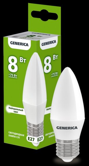 Фотография товара 'Generica LL-C35-08-230-40-E27-G Лампа LED C35 свеча 8Вт 230В 4000К E27'