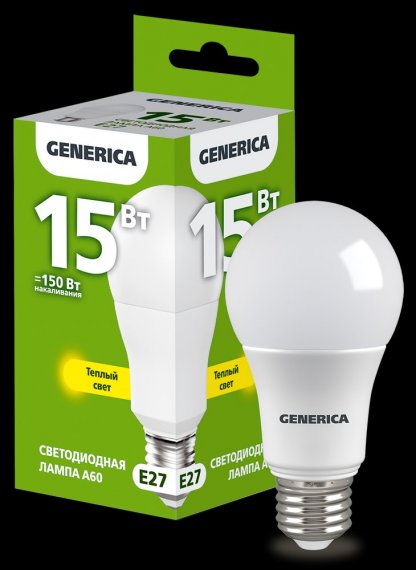 Фотография товара 'Generica LL-A60-15-230-30-E27-G Лампа LED A60 груша 15Вт 230В 3000К E27'