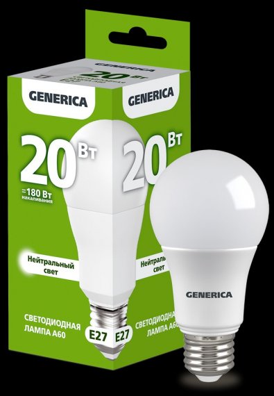 Фотография товара 'Generica LL-A60-20-230-40-E27-G Лампа LED A60 груша 20Вт 230В 4000К E27'