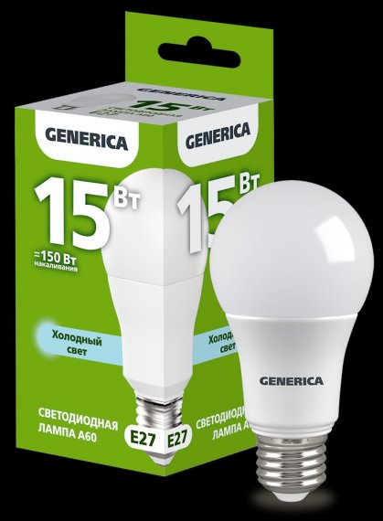 Фотография товара 'Generica LL-A60-15-230-65-E27-G Лампа LED A60 груша 15Вт 230В 6500К E27'