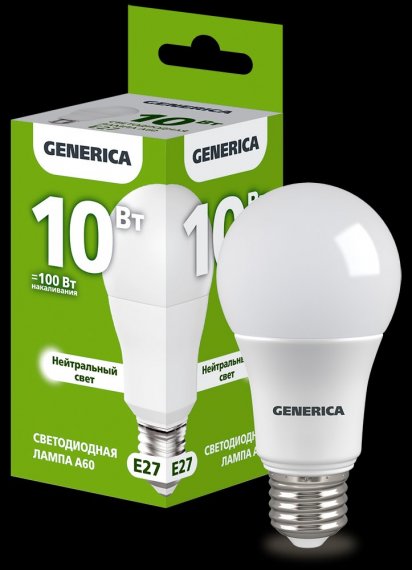 Фотография товара 'Generica LL-A60-10-230-40-E27-G Лампа LED A60 груша 10Вт 230В 4000К E27'