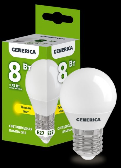 Фотография товара 'Generica LL-G45-08-230-30-E27-G Лампа LED G45 шар 8Вт 230В 3000К E27'