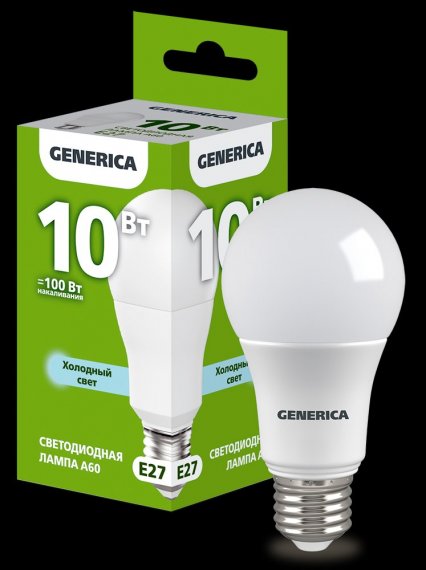 Фотография товара 'Generica LL-A60-10-230-65-E27-G Лампа LED A60 груша 10Вт 230В 6500К E27'