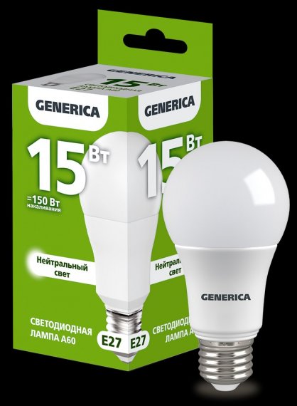 Фотография товара 'Generica LL-A60-15-230-40-E27-G Лампа LED A60 груша 15Вт 230В 4000К E27'