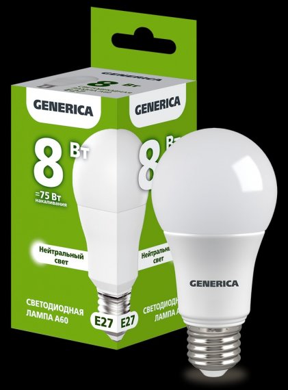 Фотография товара 'Generica LL-A60-08-230-40-E27-G Лампа LED A60 груша 8Вт 230В 4000К E27'