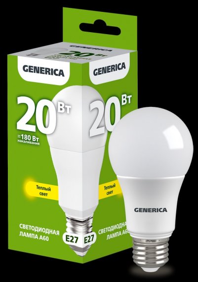 Фотография товара 'Generica LL-A60-20-230-30-E27-G Лампа LED A60 груша 20Вт 230В 3000К E27'