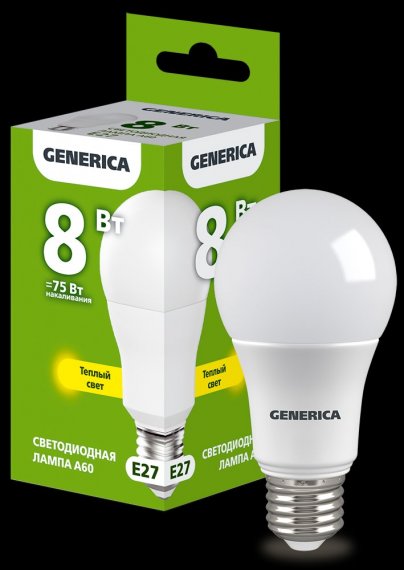 Фотография товара 'Generica LL-A60-08-230-30-E27-G Лампа LED A60 груша 8Вт 230В 3000К E27'