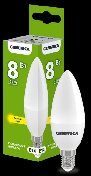Фотография товара 'Generica LL-C35-08-230-30-E14-G Лампа LED C35 свеча 8Вт 230В 3000К E14'