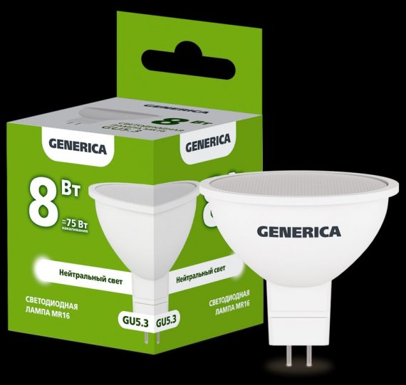 Фотография товара 'Generica LL-MR16-08-230-40-GU5-G Лампа LED MR16 софит 8Вт 230В 4000К GU5.3'